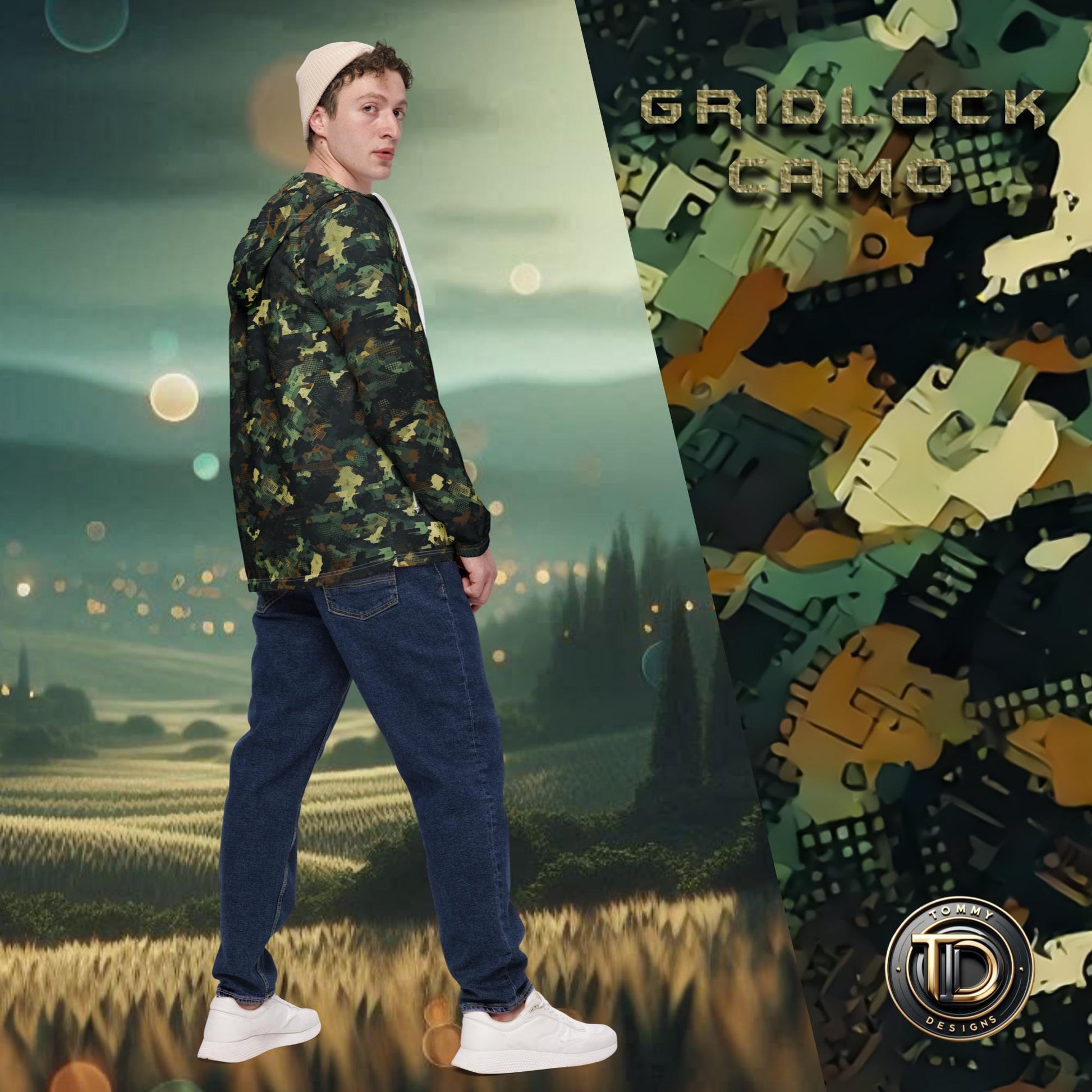  - Gridlock Digital Camouflage Men’s Windbreaker | Lightweight & Versatile -  - Product mockup - #tag1# - #tag2# - #tag1#