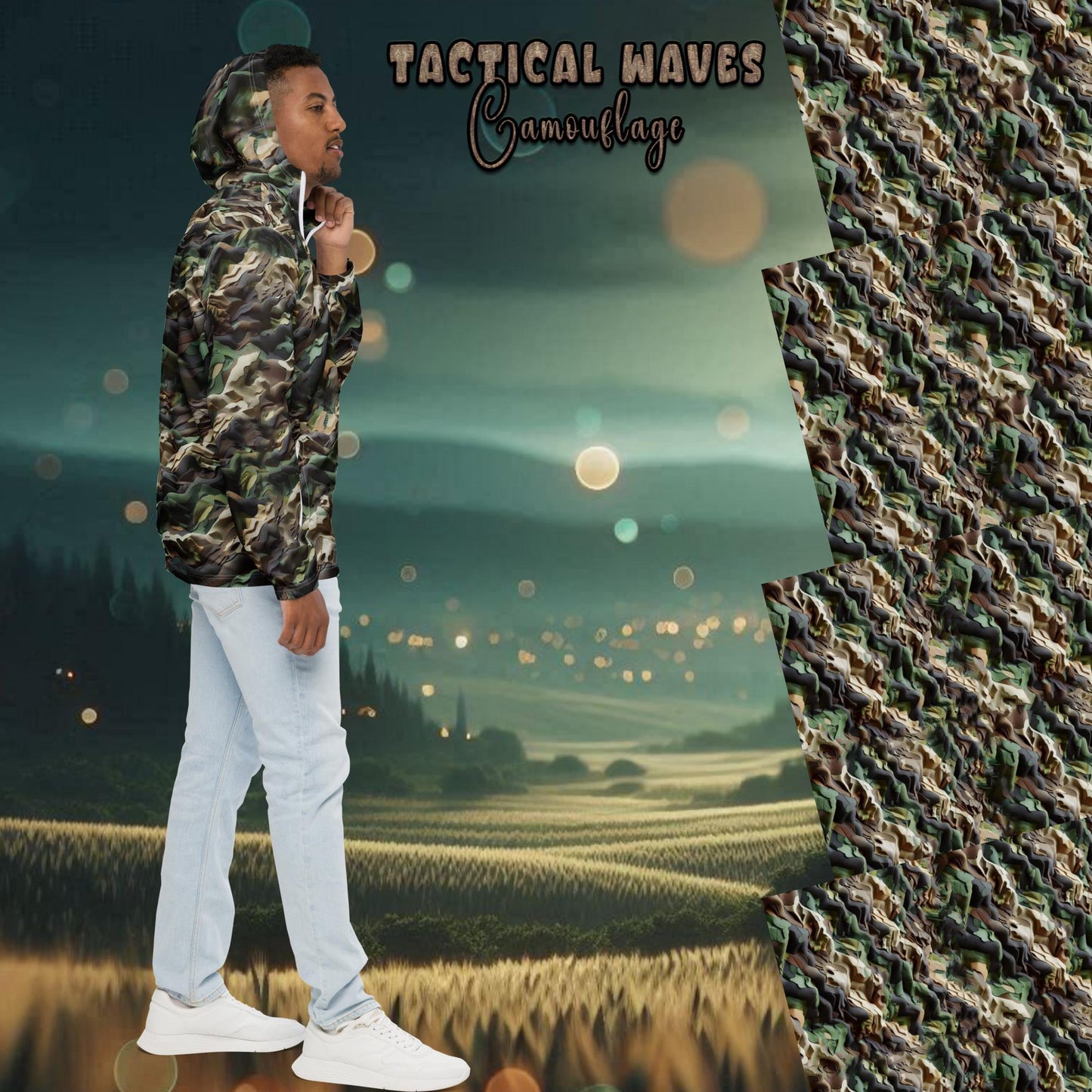  - Tactical Waves Camouflage Men’s Windbreaker | Lightweight & Water-Resistant -  - Product mockup - #tag1# - #tag2# - #tag1#